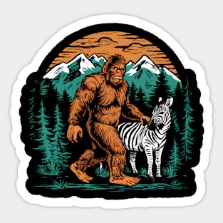 Funny bigfoot and Zebra in the mountains Sticker